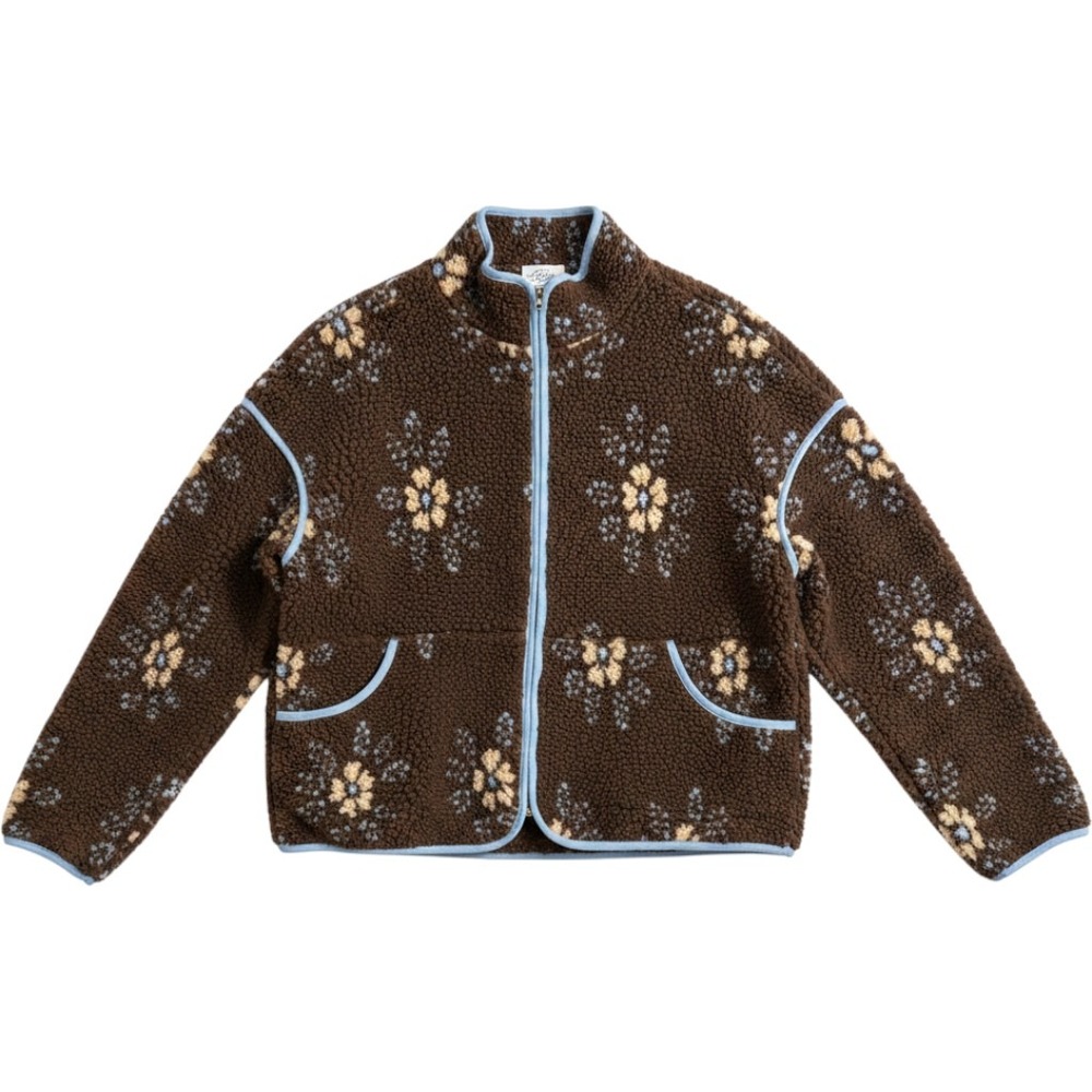 Newin Women Floral Sherpa Fleece Jacket Brown Blue Daisy Full Zip NJ90421 Small